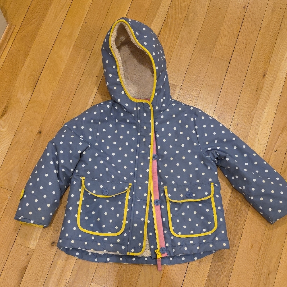 Mini Boden Blue Polka Dot Jacket with Yellow and Pink Accents